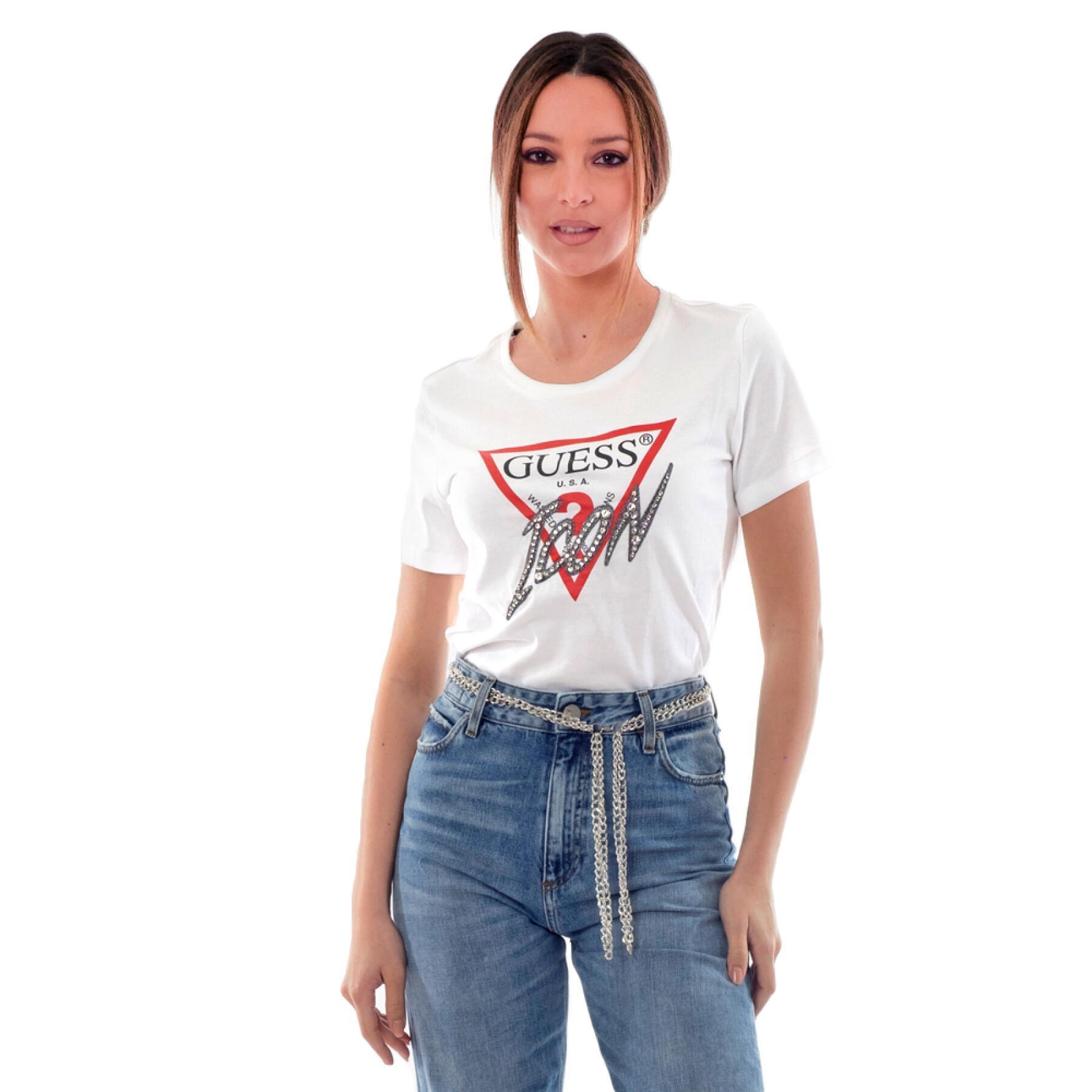 GUESS Camiseta deportiva de manga corta con logotipo bordado para mujer